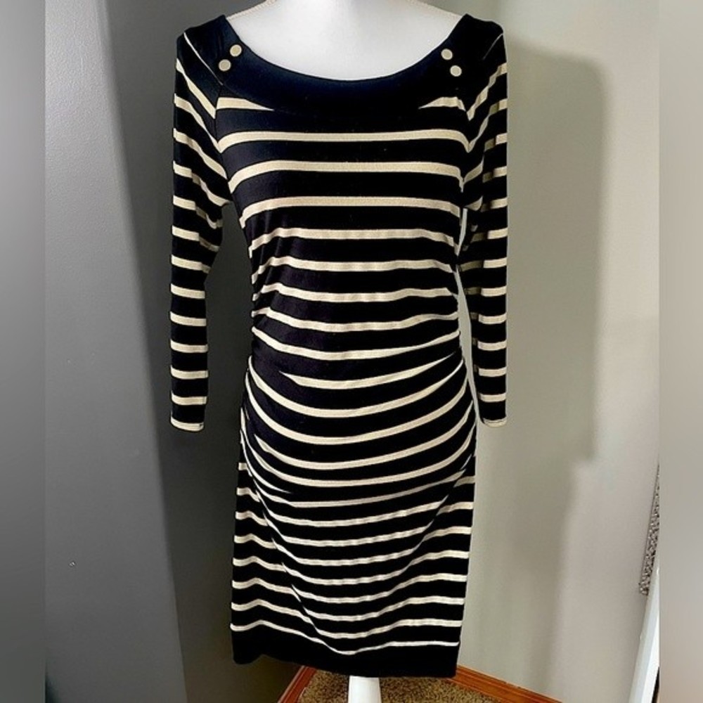 White House Black Market Black w/Metallic Gold Stripes Ruffed Small Sheath Dress